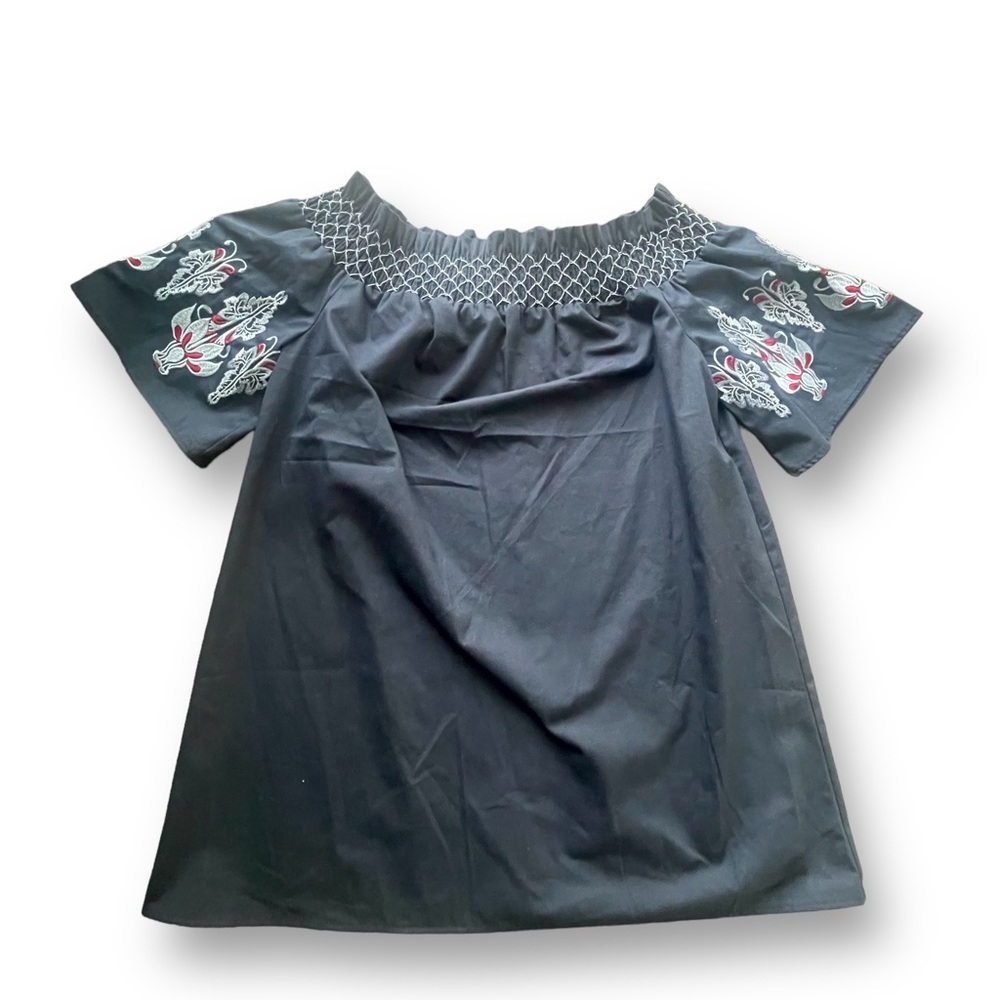 Bleuh Ciel Navy Off Shoulder Embroidered Sleeve Mini Dress Women's Size Large